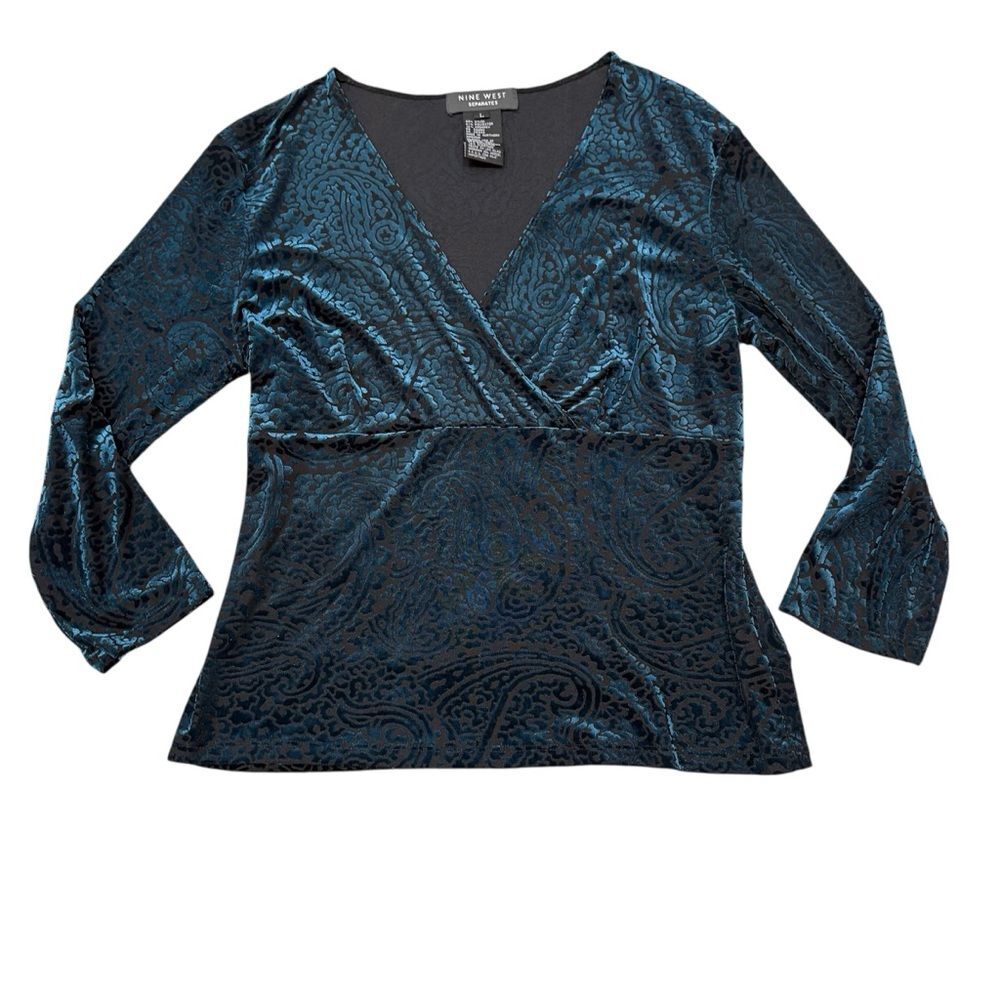 Nine West Turquoise Teal Velvet Burnout Babydoll Surplice Neck Top Size L Y2K